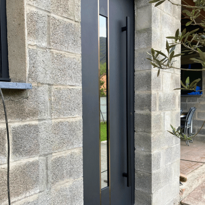 porte aluminium design Wiśniowski CREO avec vitrage vertical et poignée noire grand format