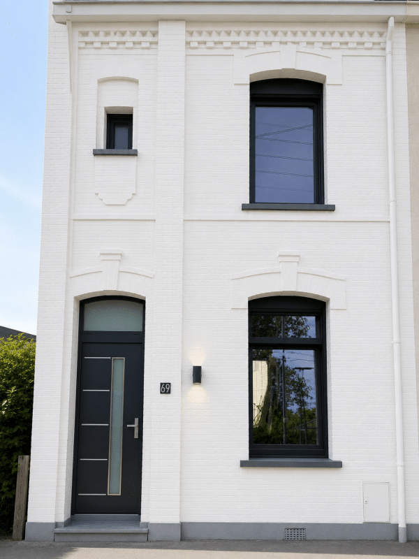 Rénovation de façade à Landas avec fenêtres PVC WISNIOWSKI Primo Classic et porte d'entrée aluminium Nova DG noire installées par SARL Ludovic Aubursin